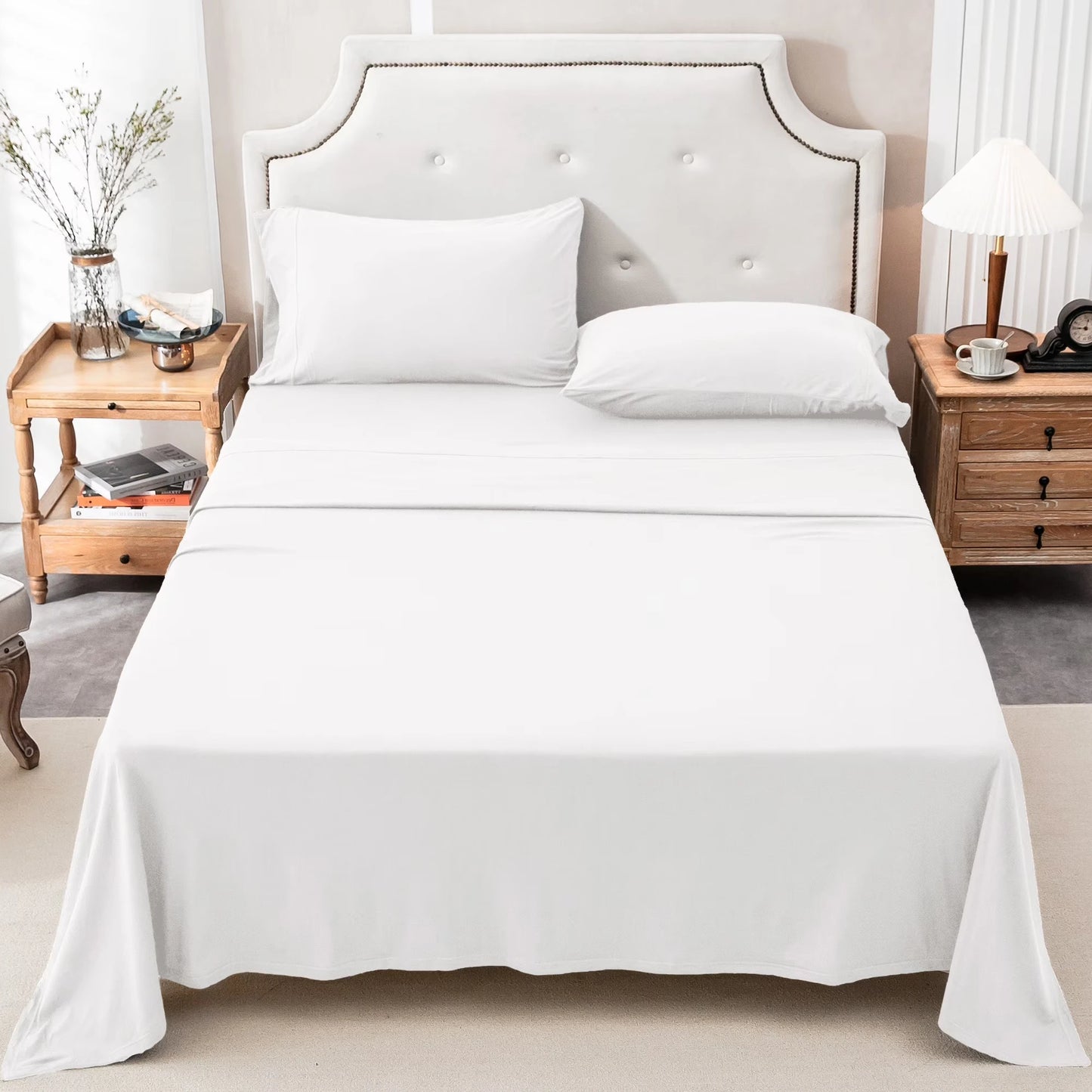 4-Piece 100% Cotton Jersey Knit Sheet Set – Ultra Soft & Breathable Bedding Set with Deep Pocket Fitted Sheet, Flat Sheet & 2 Pillowcases(Without Core) – Wrinkle Free, Machine Washable, Secure Fit & Cozy Comfort for A