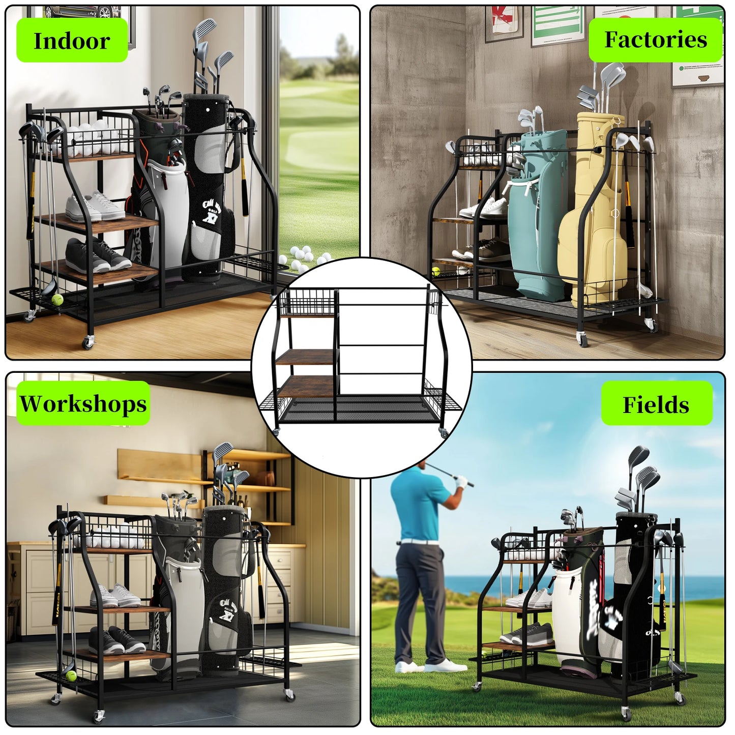 Rolling Golf Storage Rack Garage Organizer Metal Sports Equipment Shelves with Lockable 360° Wheels