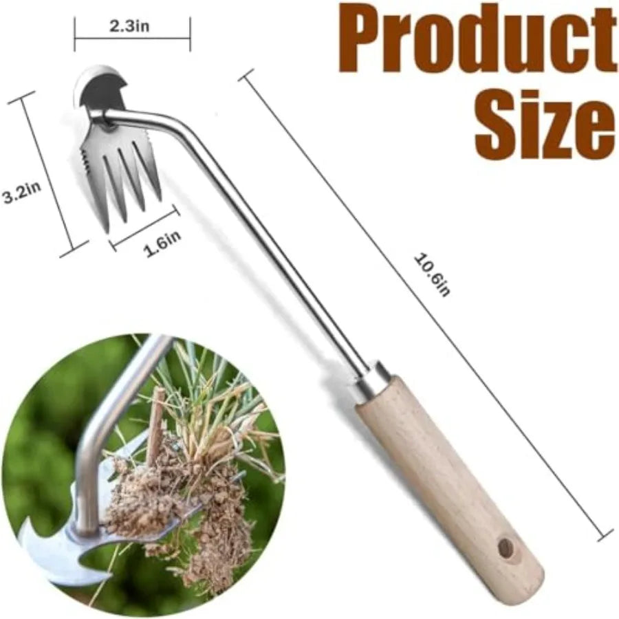 Manual Weed Puller Tool 4-Claw Steel Head Wooden Handle Hand Garden Weeder