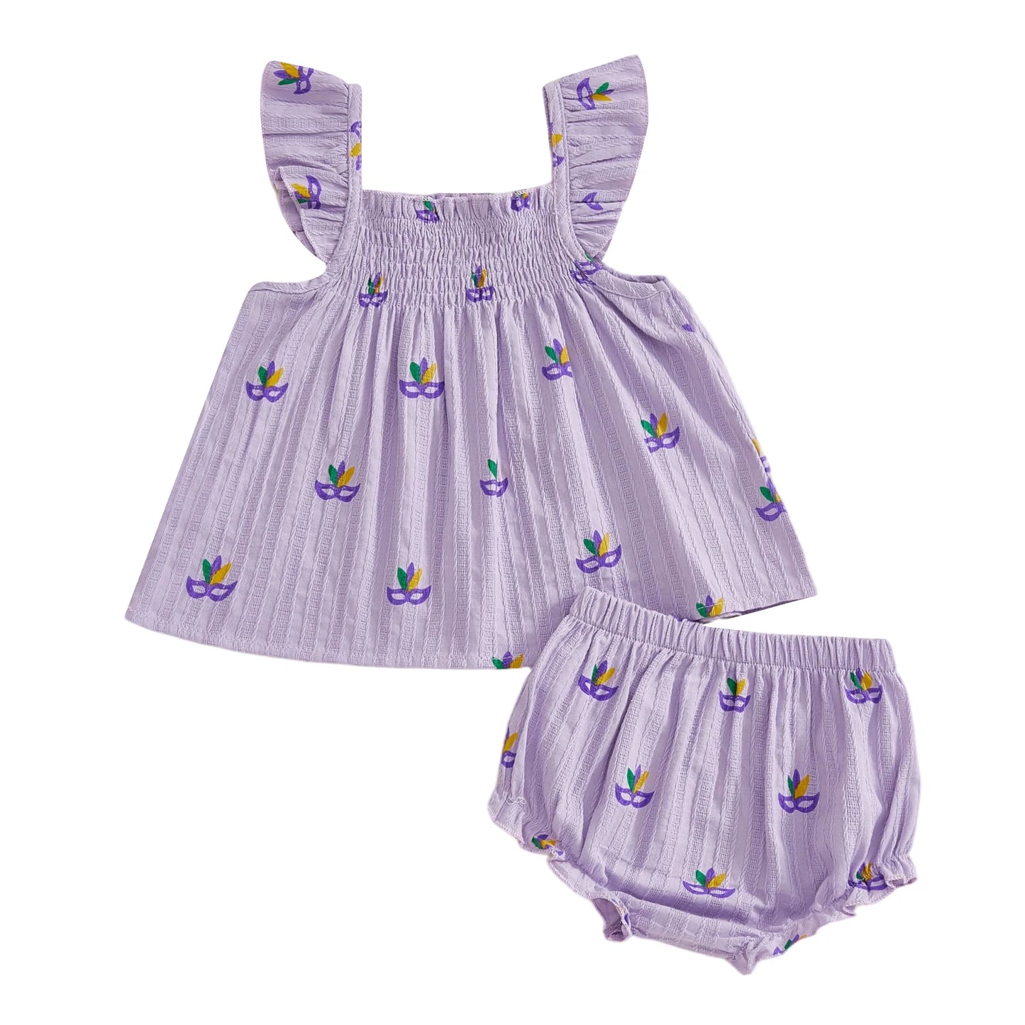 Adorable Baby Girls Outfit Stylish Mardi Gras Facewear Design Top with Matching Ruffle Shorts - 2 Piece Set for Fashionable