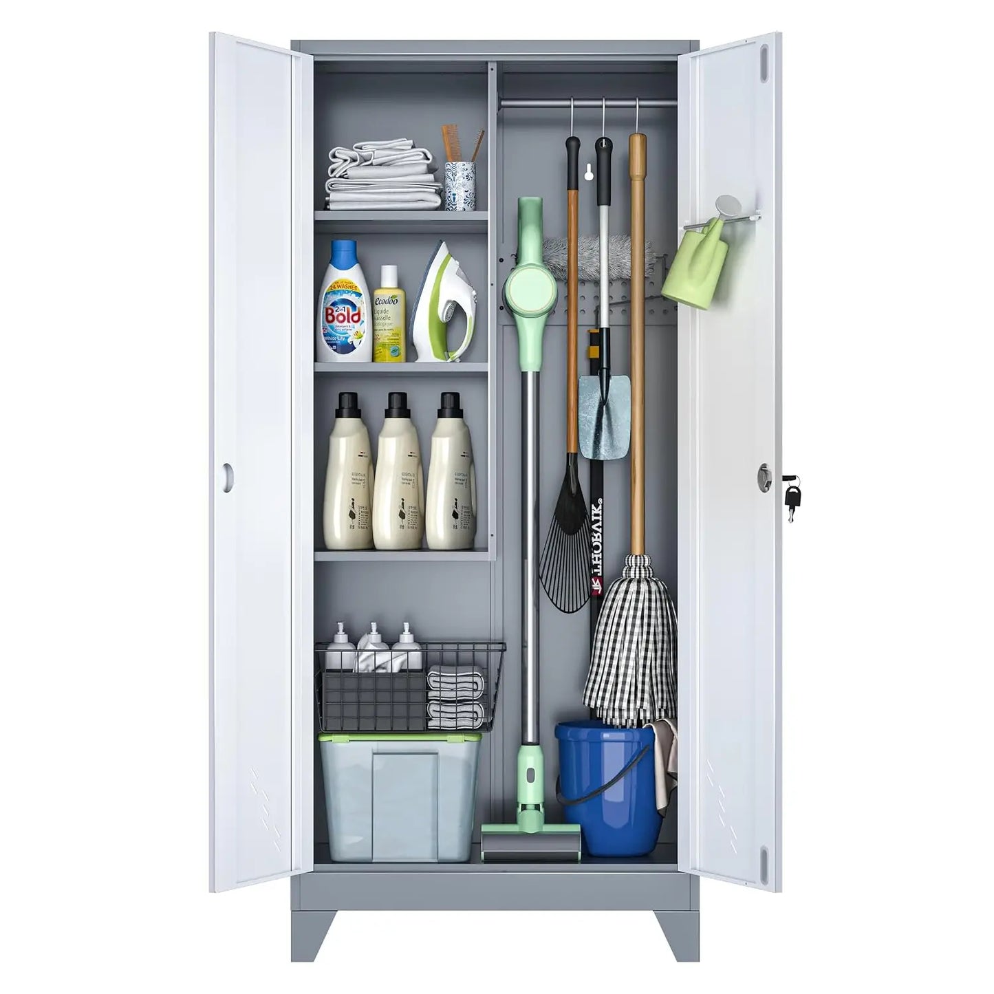 Black Metal Storage Cabinet with Lock, Pegboard & Hanging Rod for Garage Broom Closet, Custom