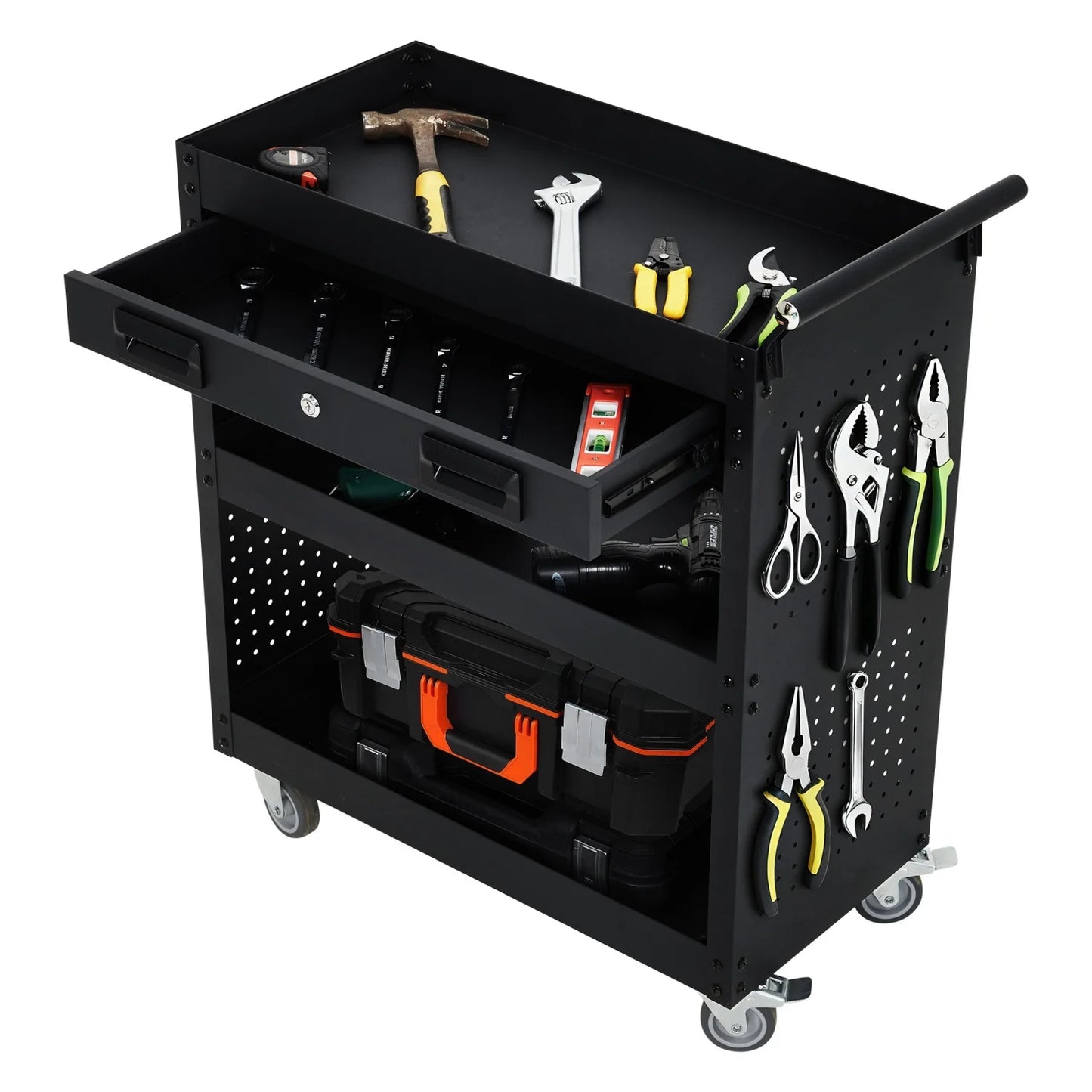 Mobile Steel Tool Cabinet – 4-Tier Storage Wagon with Lockable Drawers, Pegboard, Casters, Garage Organization Solution
