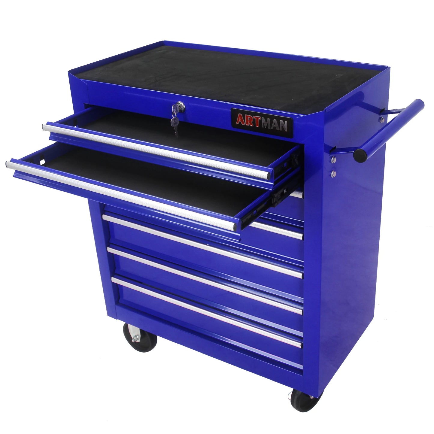 Cabinet, Box, 7 Drawer Rolling Tool Box with Key Lock for Garages, Workshops, Repair Shops, Blue; Steel Rolling Tool Boxes