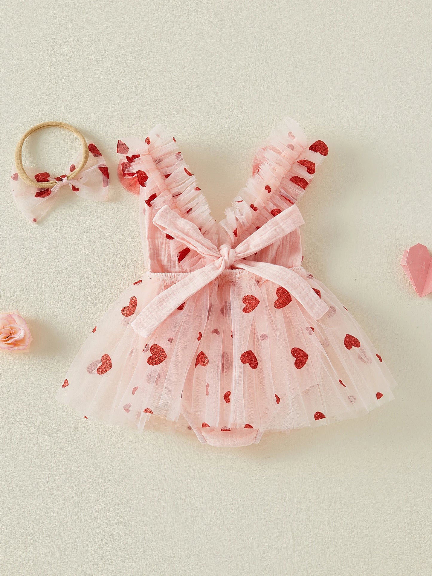 Baby Girl Valentine s Day Outfit Sleeveless V Neck Sequin Heart Print Layered Tulle Romper Dress and Bow Headband Set with
