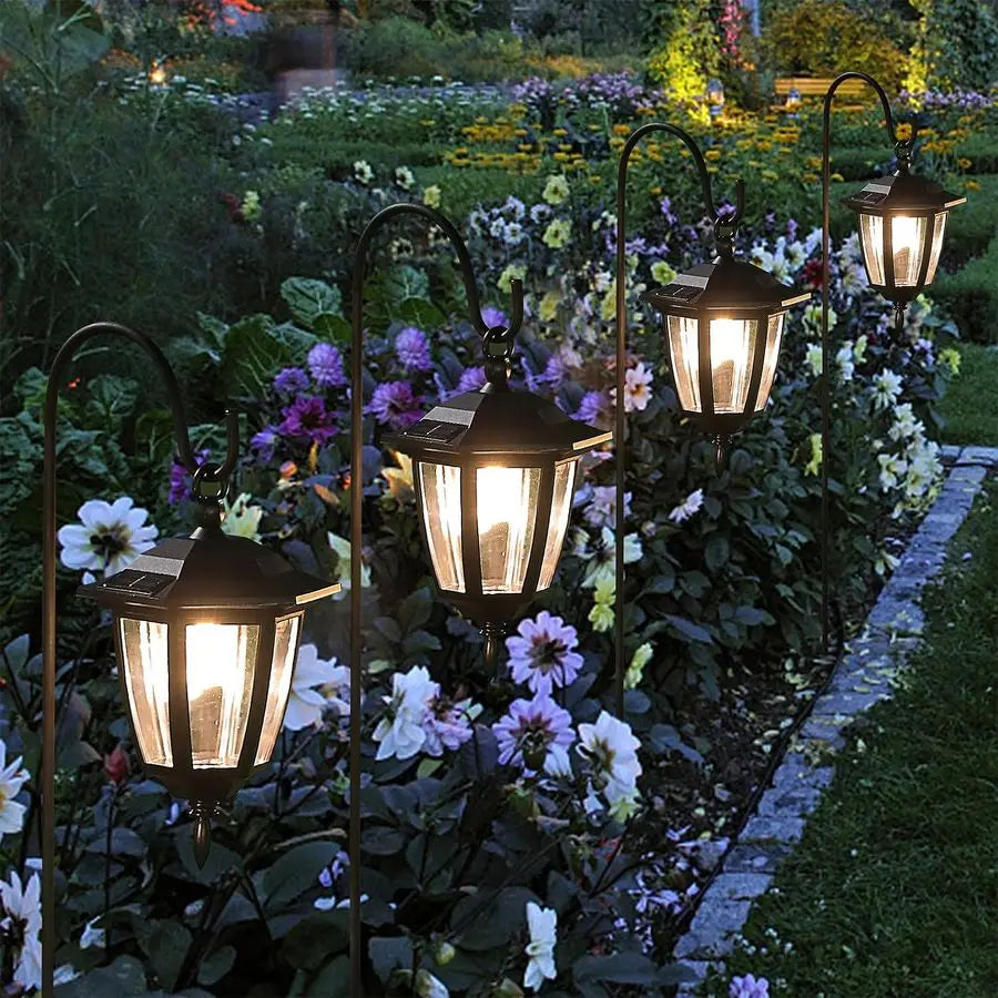 4 Pack Solar Hanging Lights Outdoor, Solar Powered Garden Decorative Lanterns with 4 x 38 Inch Shepherd Hooks, Waterproof Landsc