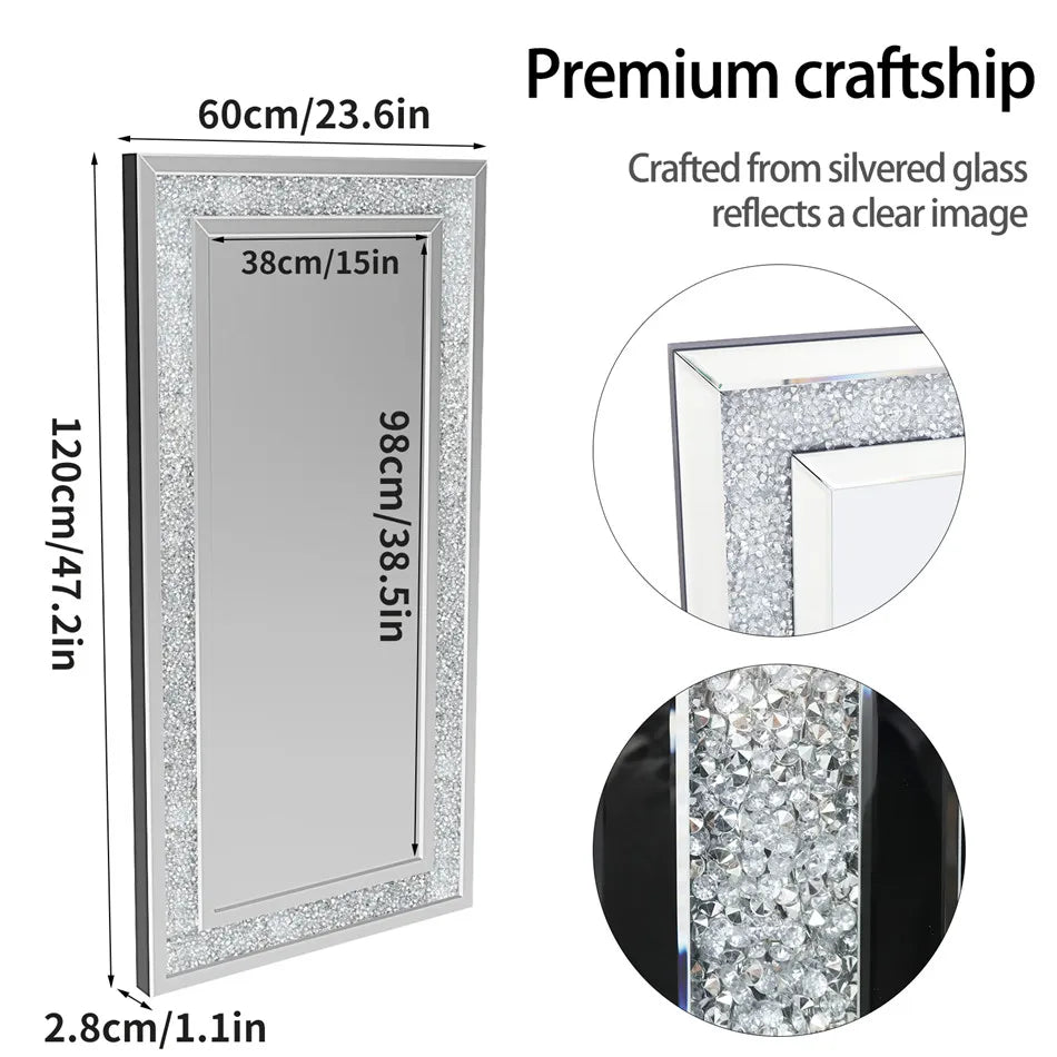 Large Silver Sparkly Crystal Rhinestone Diamond Frameless Vanity Mirrors Wall Mounted Dressing Mirror for Home/Hotel