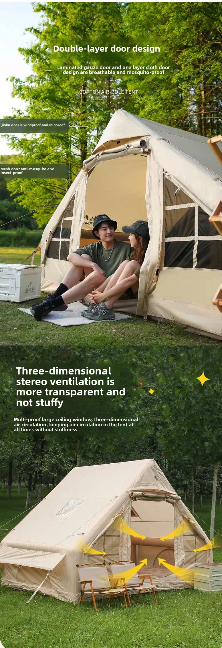 Inflatable tent camping for 1-6 people, hand pump inflation large tent, with skylight and chimney waterproof oxford cloth all