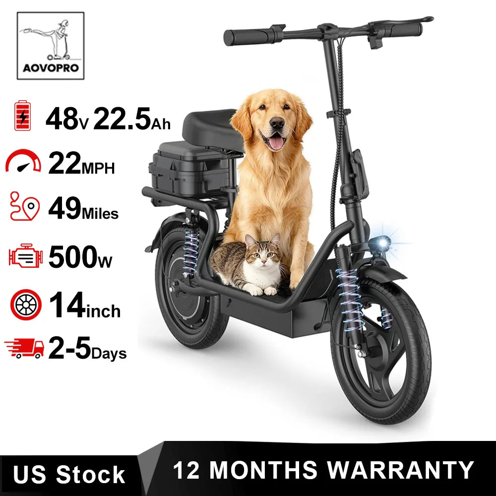 AOVORPO Electric Scooter for Adults,14" Tires, Up to 22Mph, 500W Motor, 28 Miles Max Range, Folding E-Bike with Dual Suspension