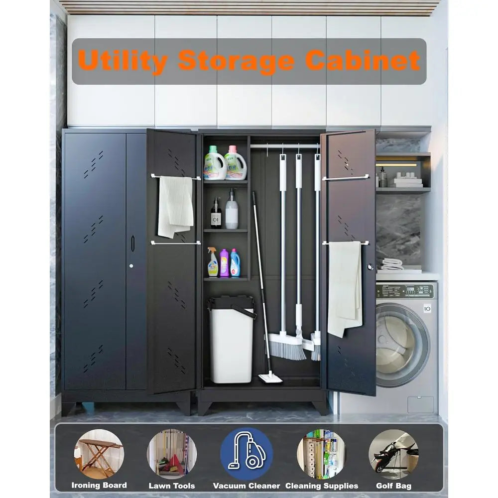 75 Heavy-Duty Metal Storage Cabinet with Lock, Hanging Rod & S-Hooks for Garage Organization