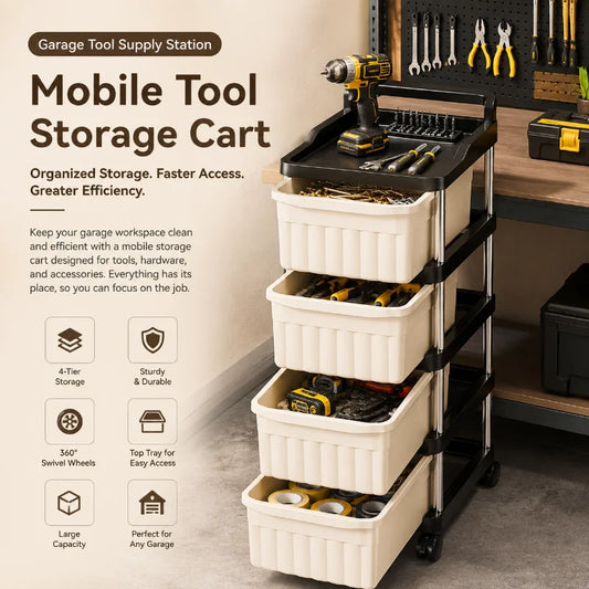 2/3/4/5-tier mobile garage tool storage cart, rolling drawer organizer, beige drawers with anti-drop clips and raised edge top tray, multipurpose trays, sturdy stainless steel frame storage cart, with lockable 360° swivel ca