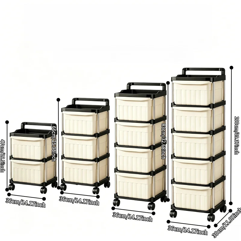 2/3/4/5-tier mobile garage tool storage cart, rolling drawer organizer, beige drawers with anti-drop clips and raised edge top tray, multipurpose trays, sturdy stainless steel frame storage cart, with lockable 360° swivel ca