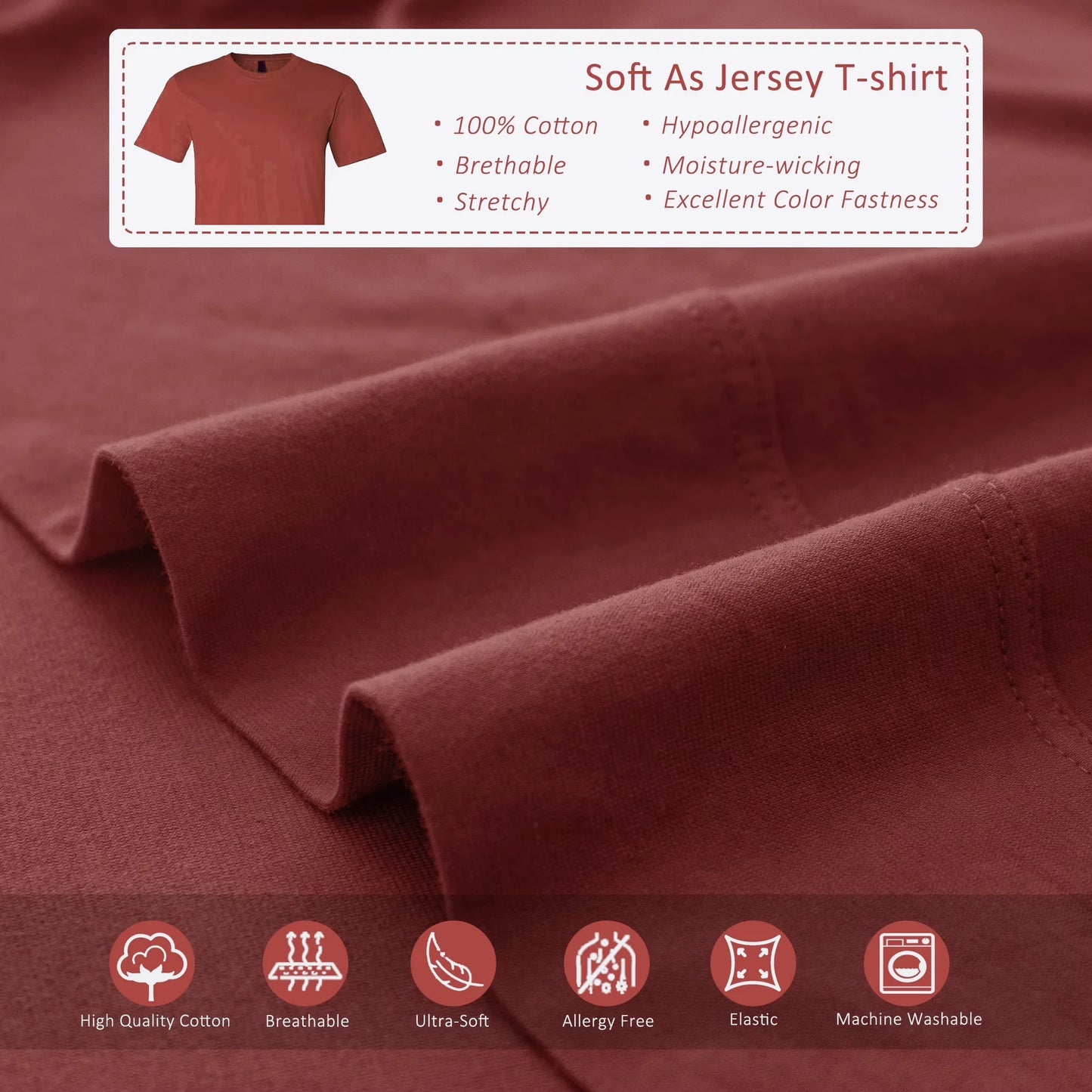 4-Piece 100% Cotton Jersey Knit Sheet Set – Ultra Soft & Breathable Bedding Set with Deep Pocket Fitted Sheet, Flat Sheet & 2 Pillowcases（Without Core） – Wrinkle Free, Machine Washable, Secure Fit & Cozy Comfort for A