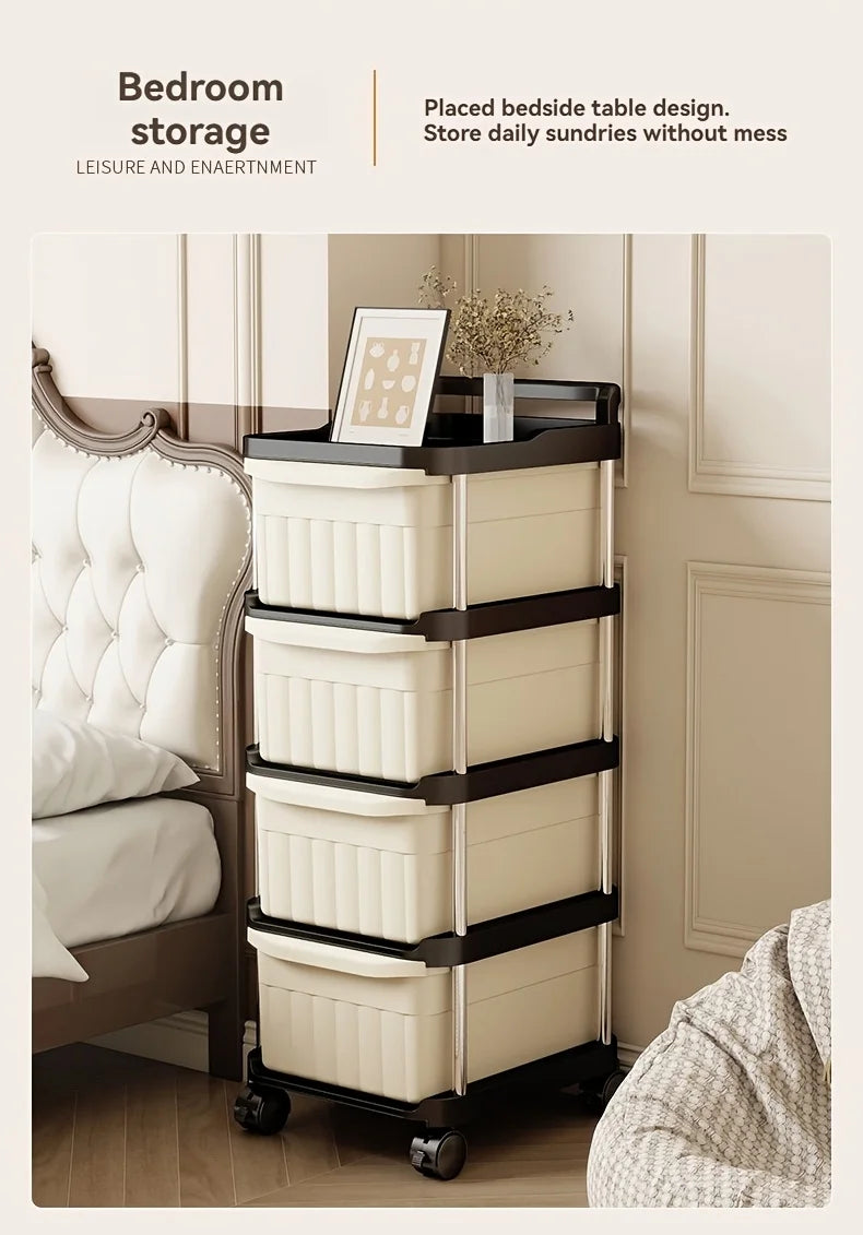 2/3/4/5-tier mobile garage tool storage cart, rolling drawer organizer, beige drawers with anti-drop clips and raised edge top tray, multipurpose trays, sturdy stainless steel frame storage cart, with lockable 360° swivel ca