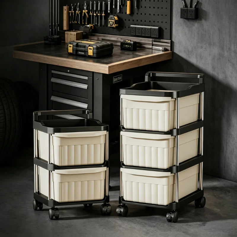 2/3/4/5-tier mobile garage tool storage cart, rolling drawer organizer, beige drawers with anti-drop clips and raised edge top tray, multipurpose trays, sturdy stainless steel frame storage cart, with lockable 360° swivel ca