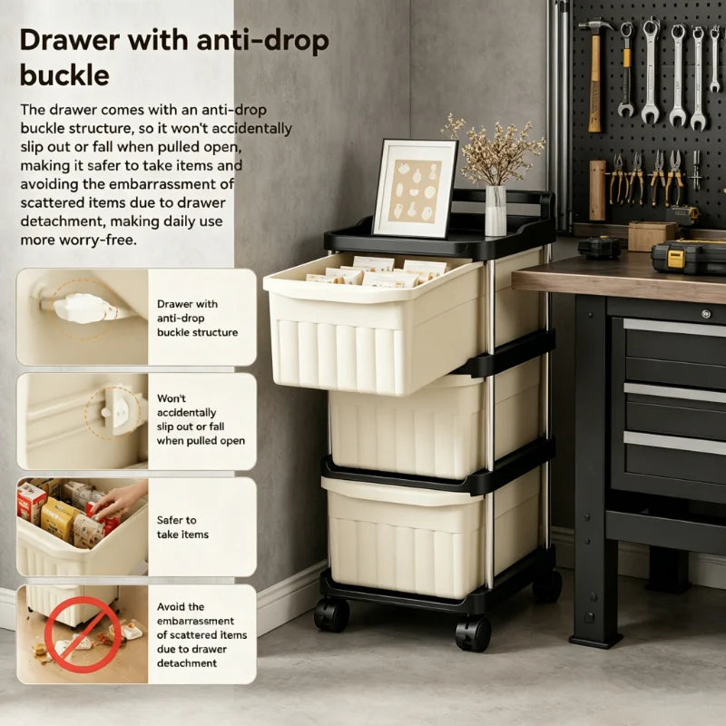 2/3/4/5-tier mobile garage tool storage cart, rolling drawer organizer, beige drawers with anti-drop clips and raised edge top tray, multipurpose trays, sturdy stainless steel frame storage cart, with lockable 360° swivel ca