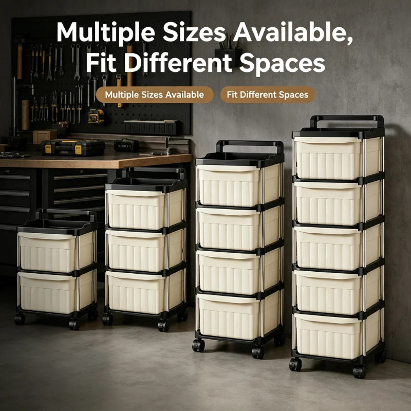 2/3/4/5-tier mobile garage tool storage cart, rolling drawer organizer, beige drawers with anti-drop clips and raised edge top tray, multipurpose trays, sturdy stainless steel frame storage cart, with lockable 360° swivel ca