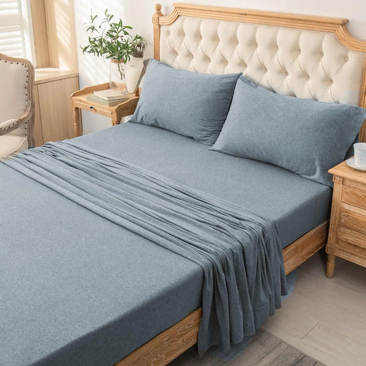 4-Piece 100% Cotton Jersey Knit Sheet Set – Ultra Soft & Breathable Bedding Set with Deep Pocket Fitted Sheet, Flat Sheet & 2 Pillowcases（Without Core） – Wrinkle Free, Machine Washable, Secure Fit & Cozy Comfort for A