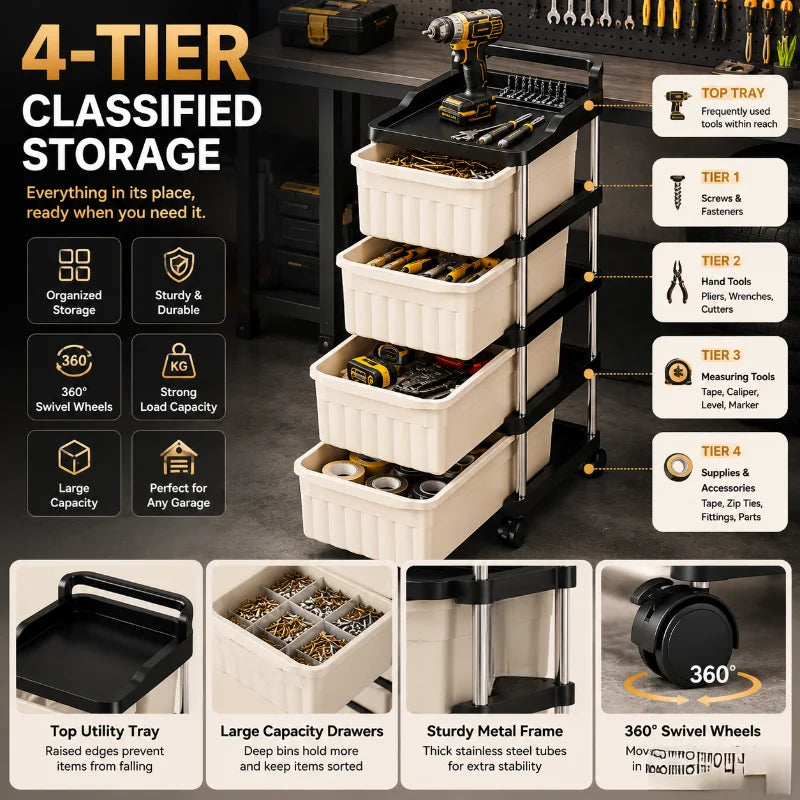 2/3/4/5-tier mobile garage tool storage cart, rolling drawer organizer, beige drawers with anti-drop clips and raised edge top tray, multipurpose trays, sturdy stainless steel frame storage cart, with lockable 360° swivel ca