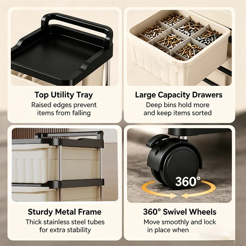 2/3/4/5-tier mobile garage tool storage cart, rolling drawer organizer, beige drawers with anti-drop clips and raised edge top tray, multipurpose trays, sturdy stainless steel frame storage cart, with lockable 360° swivel ca