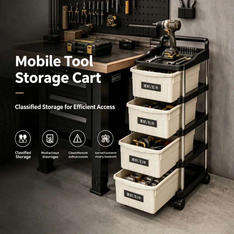 2/3/4/5-tier mobile garage tool storage cart, rolling drawer organizer, beige drawers with anti-drop clips and raised edge top tray, multipurpose trays, sturdy stainless steel frame storage cart, with lockable 360° swivel ca