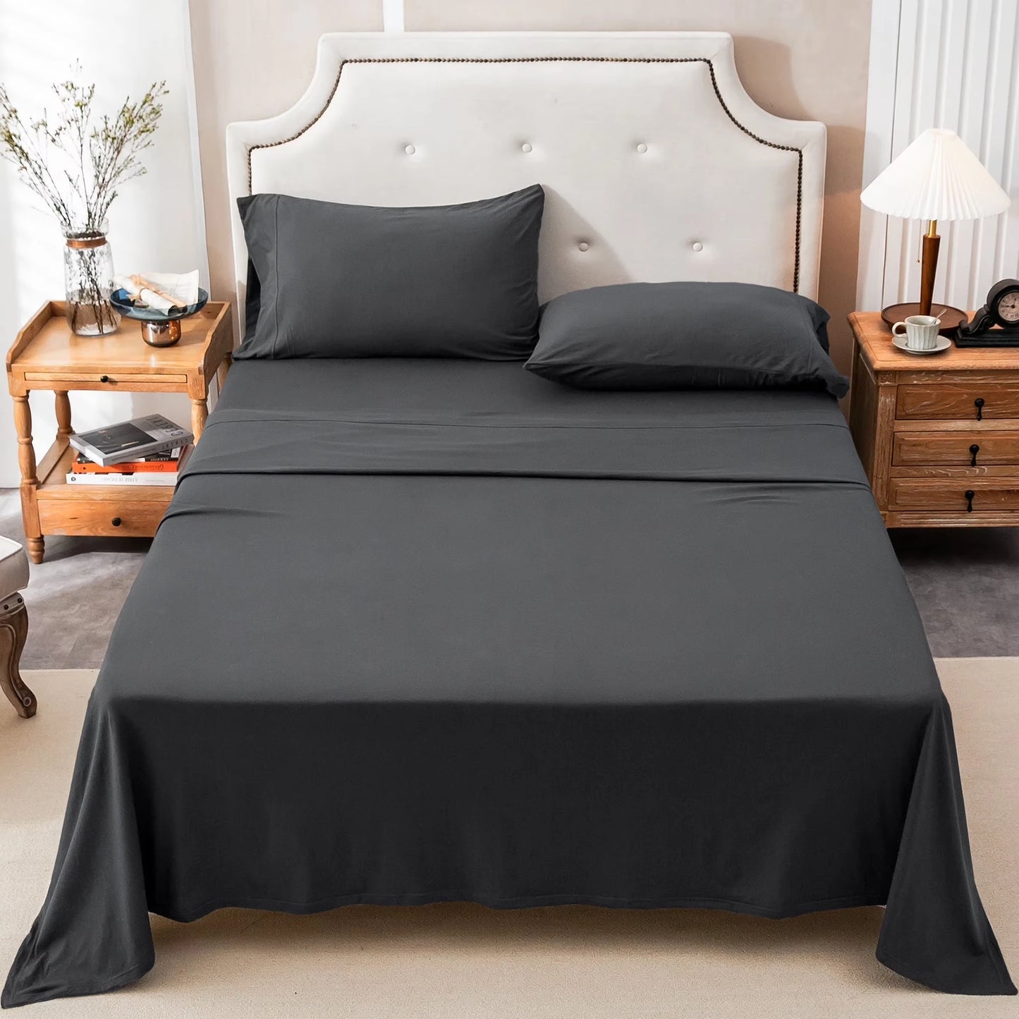 4-Piece 100% Cotton Jersey Knit Sheet Set – Ultra Soft & Breathable Bedding Set with Deep Pocket Fitted Sheet, Flat Sheet & 2 Pillowcases（Without Core） – Wrinkle Free, Machine Washable, Secure Fit & Cozy Comfort for A