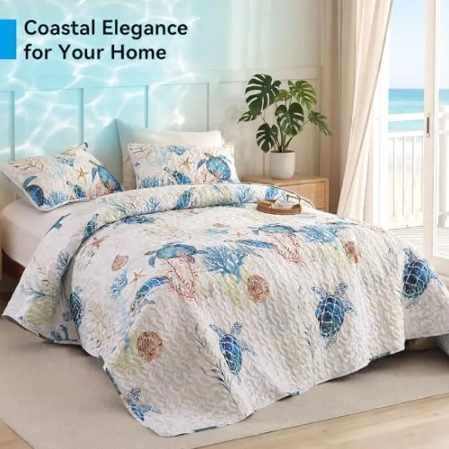 Coastal Quilt Set Size - Ocean Print Lightweight Soft Microfiber Summer Comforter with 2 Pillow Cases - Bedding Coverlet Decor