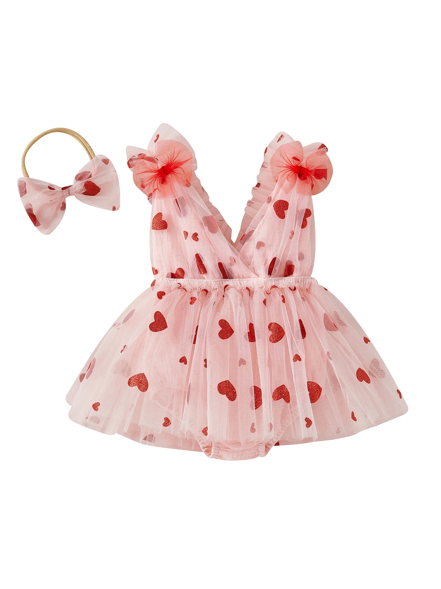 Baby Girl Valentine s Day Outfit Sleeveless V Neck Sequin Heart Print Layered Tulle Romper Dress and Bow Headband Set with