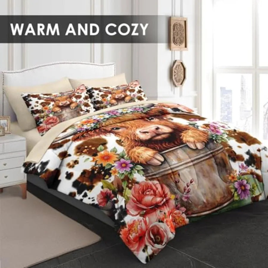 5 Pcs Size Comforter Set with Pillowcase and Sham Cute Happy Highland Bull Bedding for and Adults Flower Cow Cattle Print Bed i