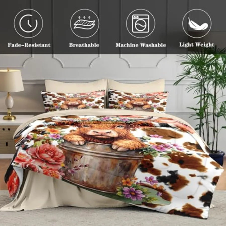 5 Pcs Size Comforter Set with Pillowcase and Sham Cute Happy Highland Bull Bedding for and Adults Flower Cow Cattle Print Bed i