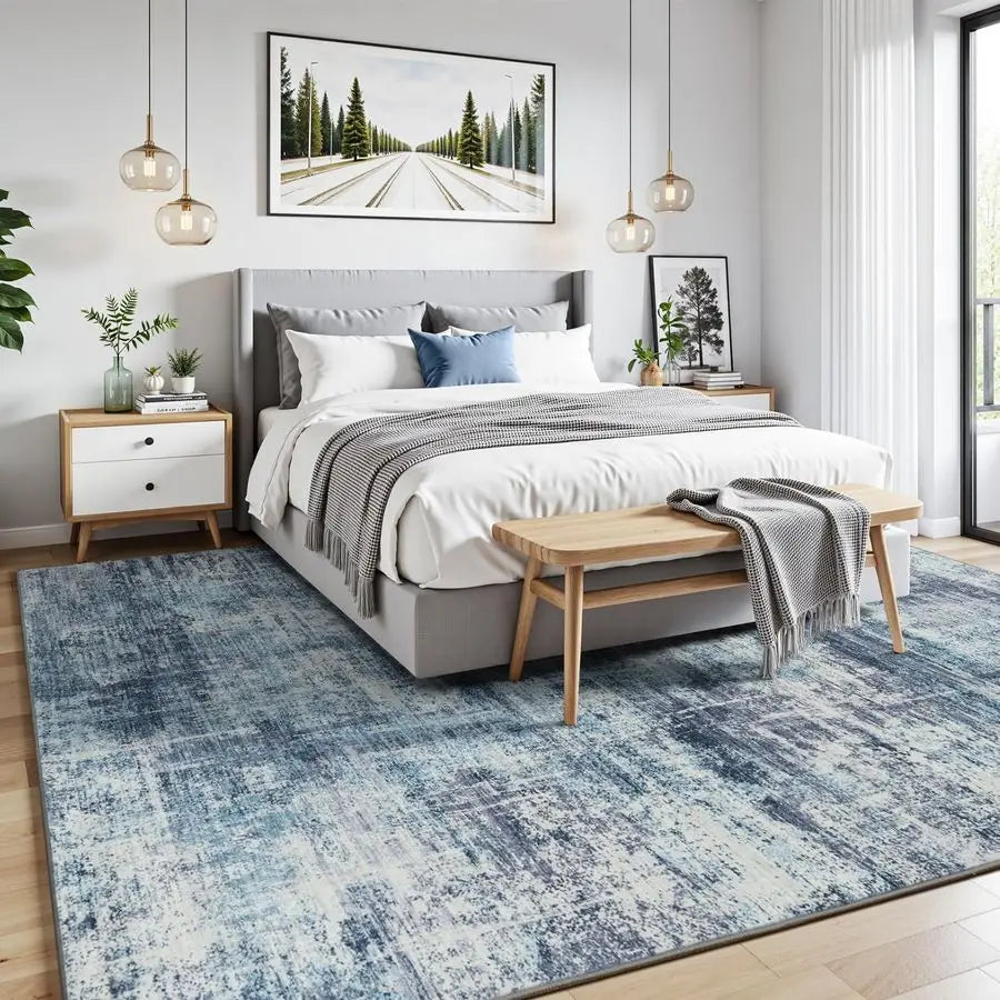 8x10 Area Rug for Living Room, Blue Abstract Large Rugs with NonSlip Backing, Neutral Modern Washable Carpet for Bedroom Dining