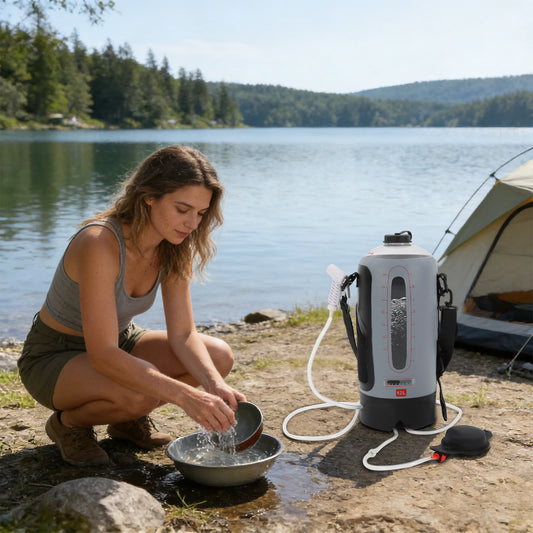12L Portable Pressure Camp Shower Outdoor Bathing Device with Air Pump for Showering/Washing