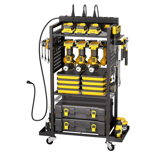 SucceBuy 4-tier Tool Organizer Cart with Charging Station AC Outlet Floor Stand Rolling Storage Drill Holder for Workshop Garage