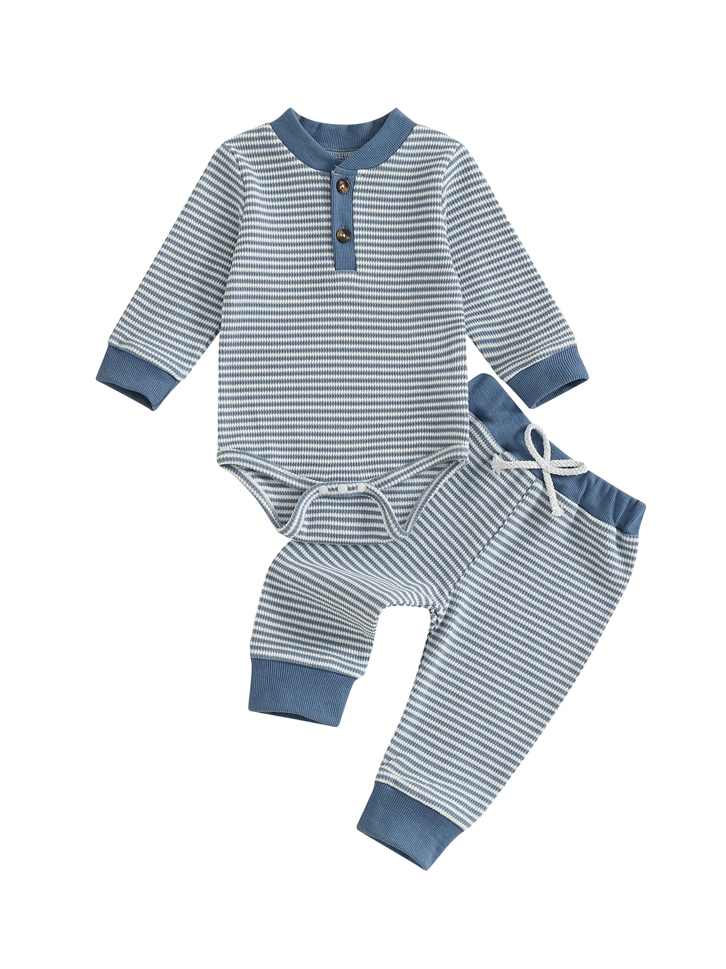 Adorable Baby Boy 2 Piece Set with Stylish Striped Long Sleeve Romper and Comfortable Elastic Waist Pants for a Trendy Look