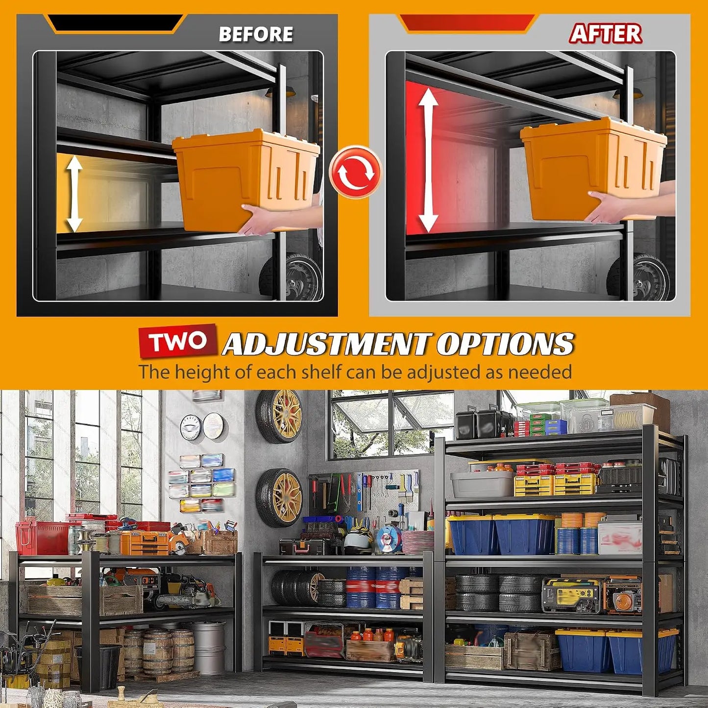 72" H Storage Shelves, 2500LBS Heavy Duty Garage Shelving Unit, 5 Tier Adjustable Metal Shelf for Garage Basement, Customized