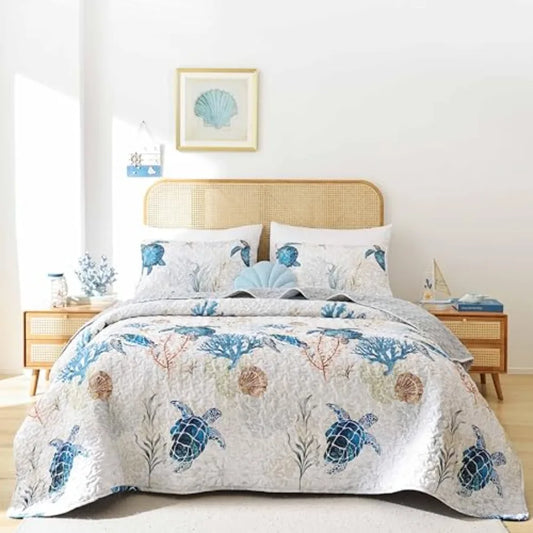 Coastal Quilt Set Size - Ocean Print Lightweight Soft Microfiber Summer Comforter with 2 Pillow Cases - Bedding Coverlet Decor