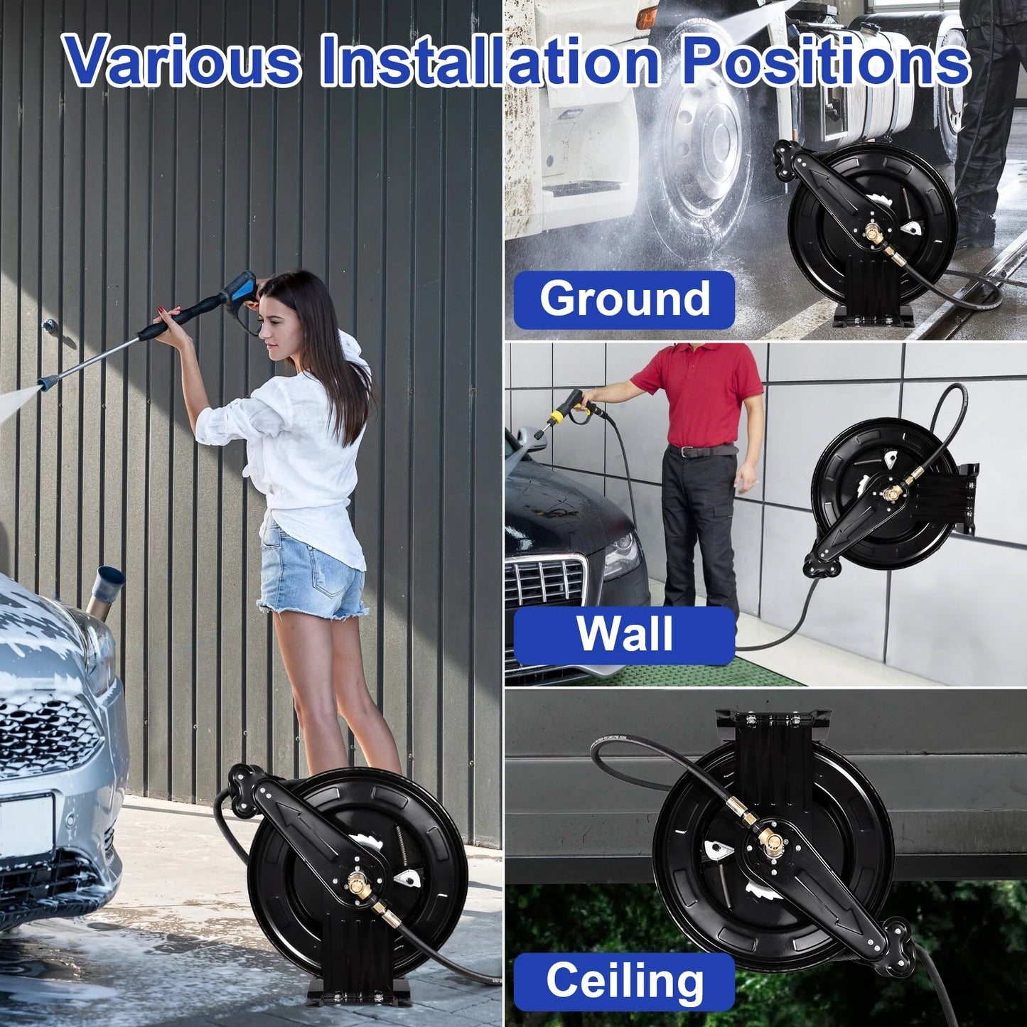 Heavy Duty 4000 PSI Pressure Washer Hose Reel, 0.59in X 50 FT Auto Rewind Retractable Power Washer Hose Reel, Double Arm Steel Construction Wall Ceiling Floor Mount for Cleaning Yard Garden Patio Car