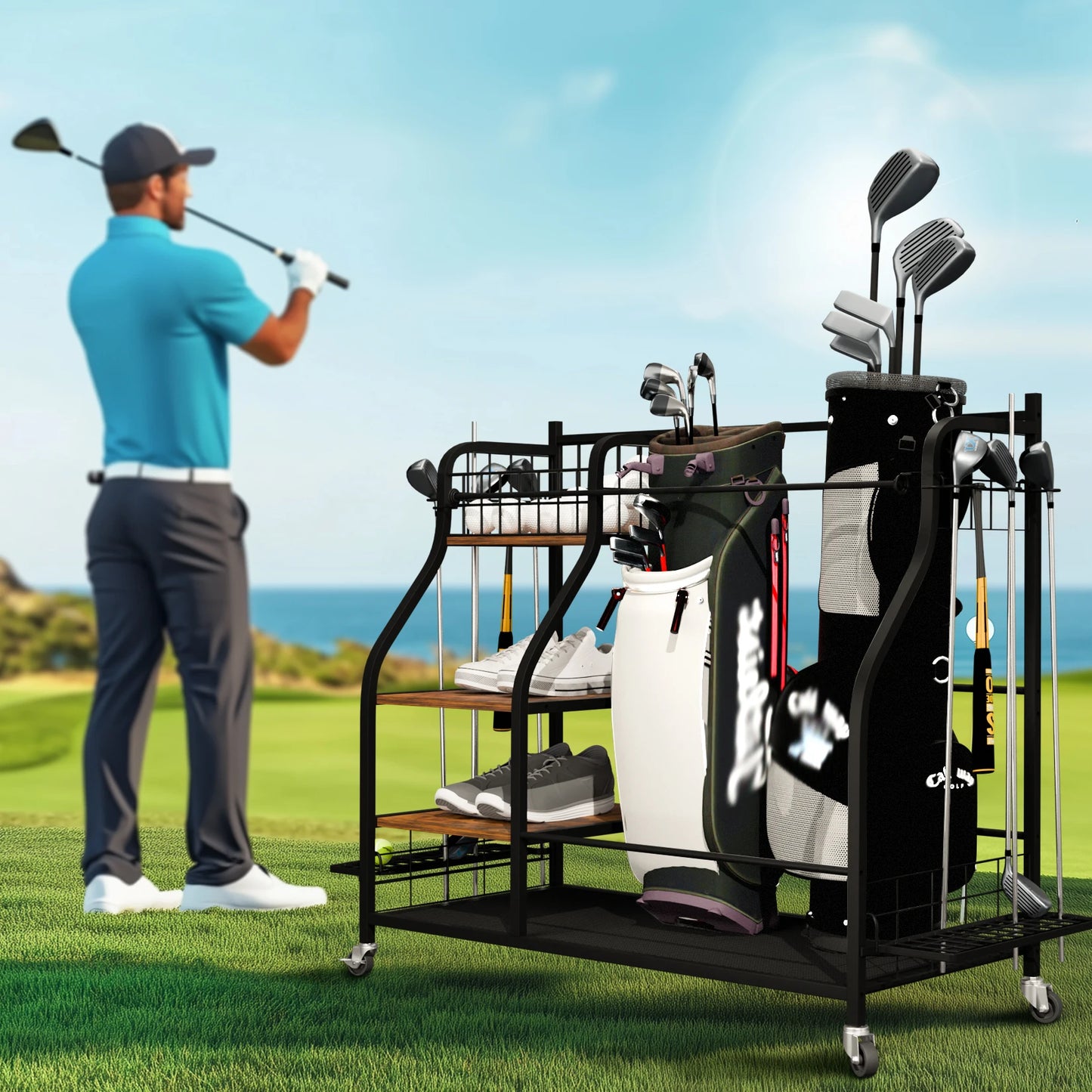 Rolling Golf Storage Rack Garage Organizer Metal Sports Equipment Shelves with Lockable 360° Wheels