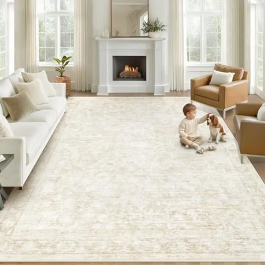 Living room 8x10 area rug: washable vintage floral low pile non-slip boho carpet in beige, suitable for bedroom dining home off