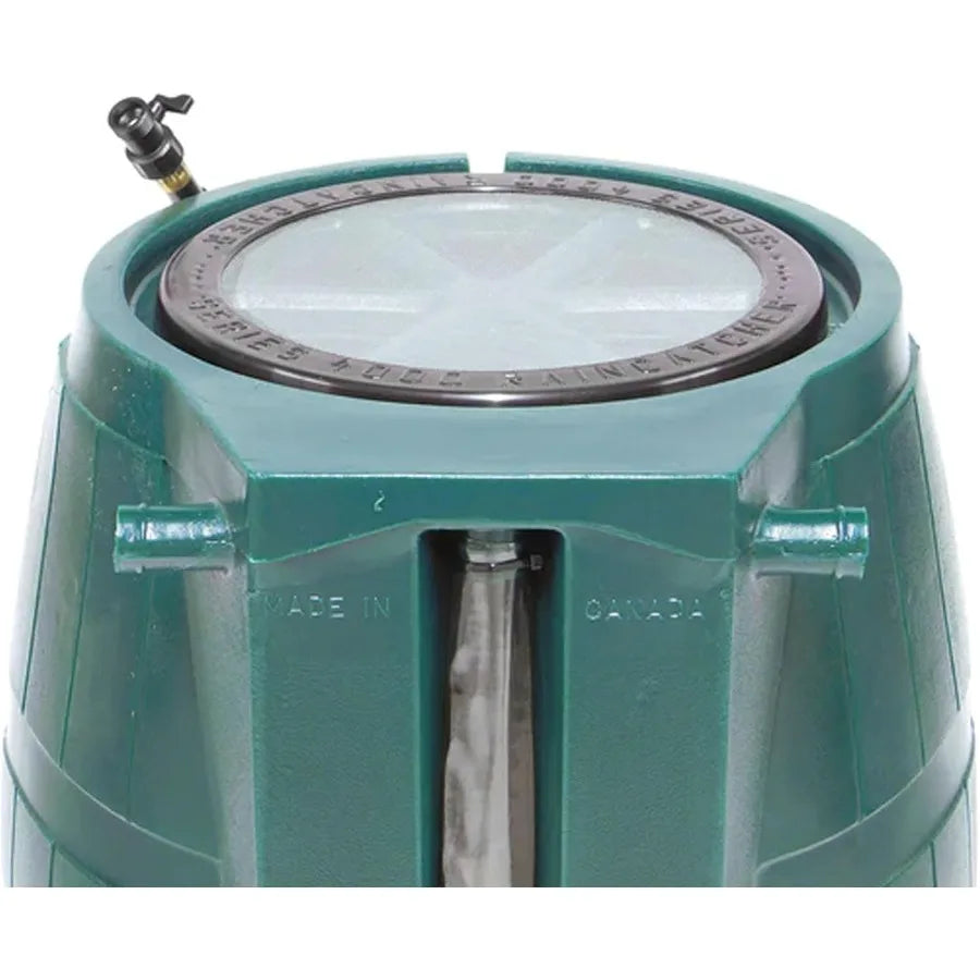 FCMP Outdoor Raincatcher 4000, Flat-Back RainRainwaterContainer w Side SpigotsMesh Screen Garden and Overflow Hose & Linking Kit
