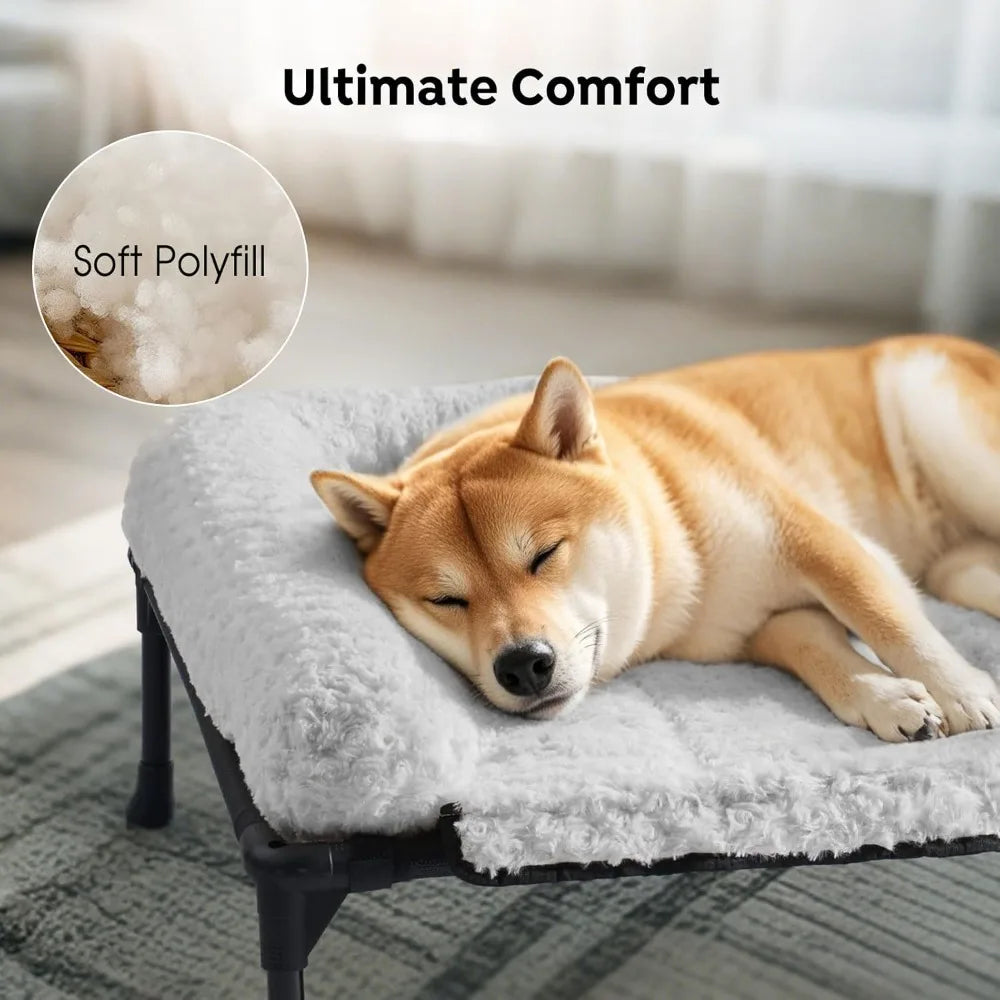 veehoo cooling elevated dog bed add removable deluxe rose plush bolster cushion mat, 41" x 27" washable dog couch bed, raised pe
