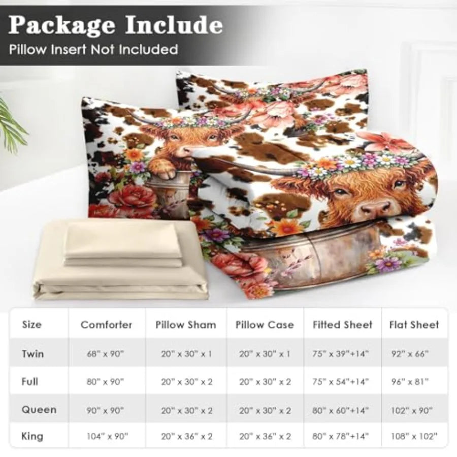 5 Pcs Size Comforter Set with Pillowcase and Sham Cute Happy Highland Bull Bedding for and Adults Flower Cow Cattle Print Bed i