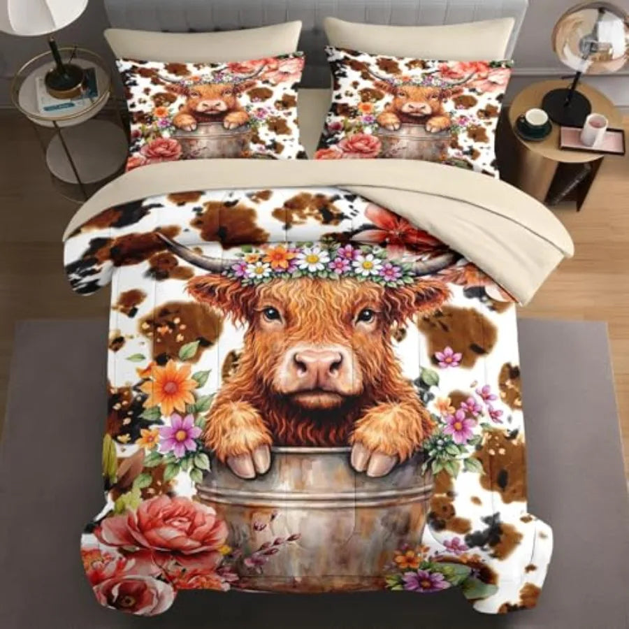 5 Pcs Size Comforter Set with Pillowcase and Sham Cute Happy Highland Bull Bedding for and Adults Flower Cow Cattle Print Bed i