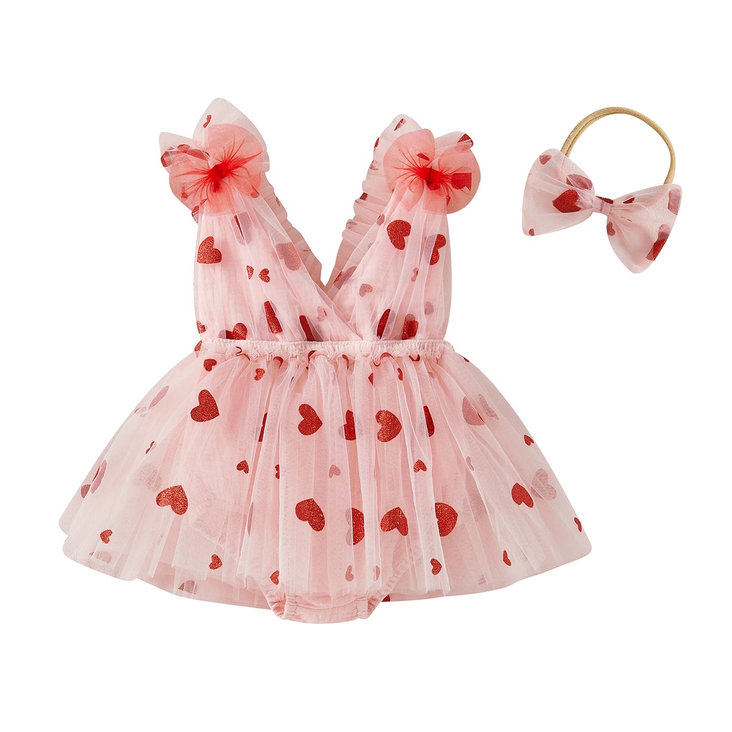 Baby Girl Valentine s Day Outfit Sleeveless V Neck Sequin Heart Print Layered Tulle Romper Dress and Bow Headband Set with