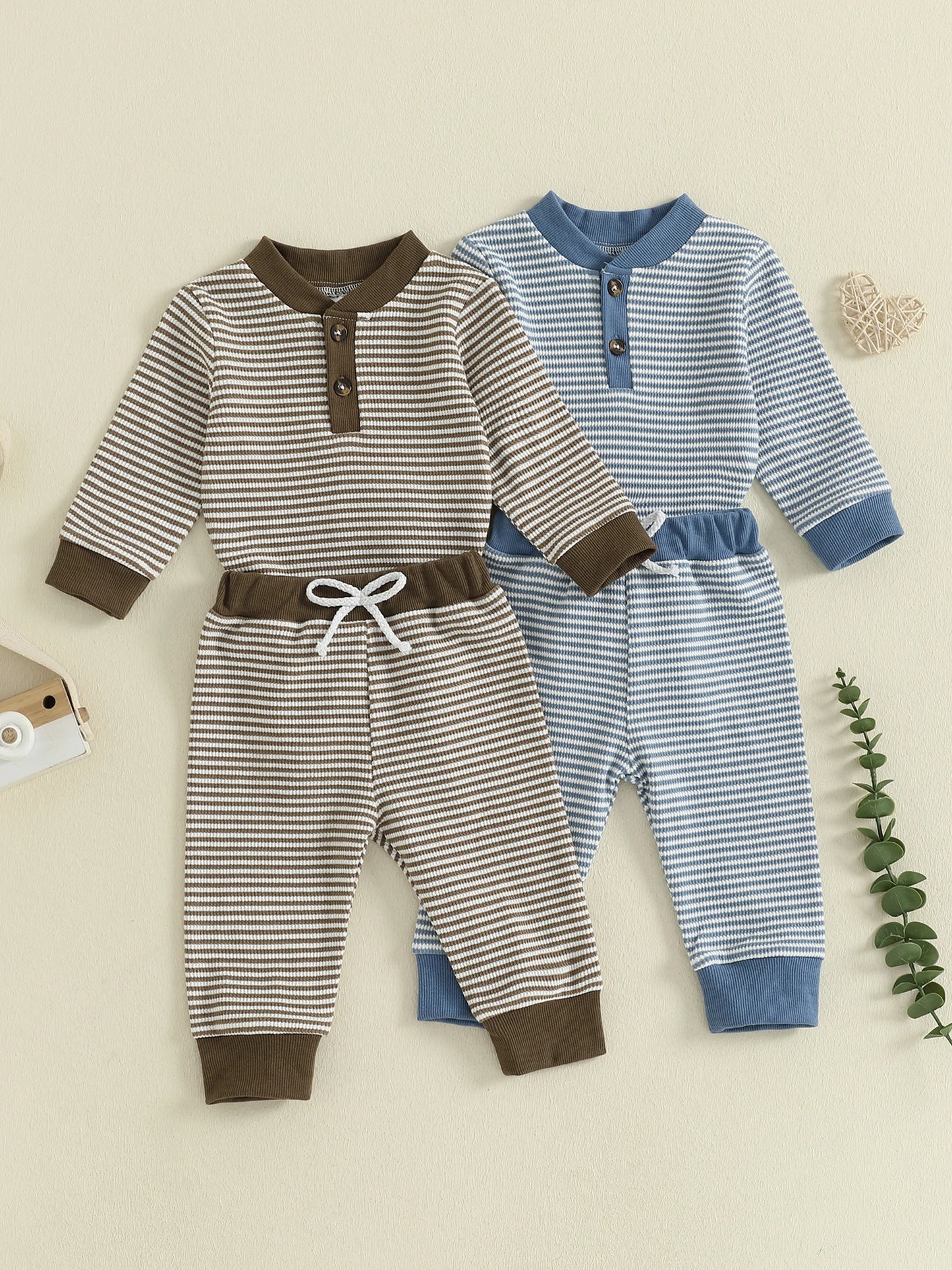 Adorable Baby Boy 2 Piece Set with Stylish Striped Long Sleeve Romper and Comfortable Elastic Waist Pants for a Trendy Look