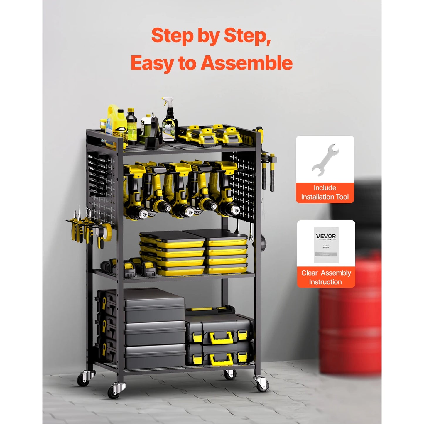 VEVOR 4-tier Rolling Tool Organizer Cart 150 lbs Garage Floor Stand Storage Cart on Wheels Drill Holder Rack for Workshop