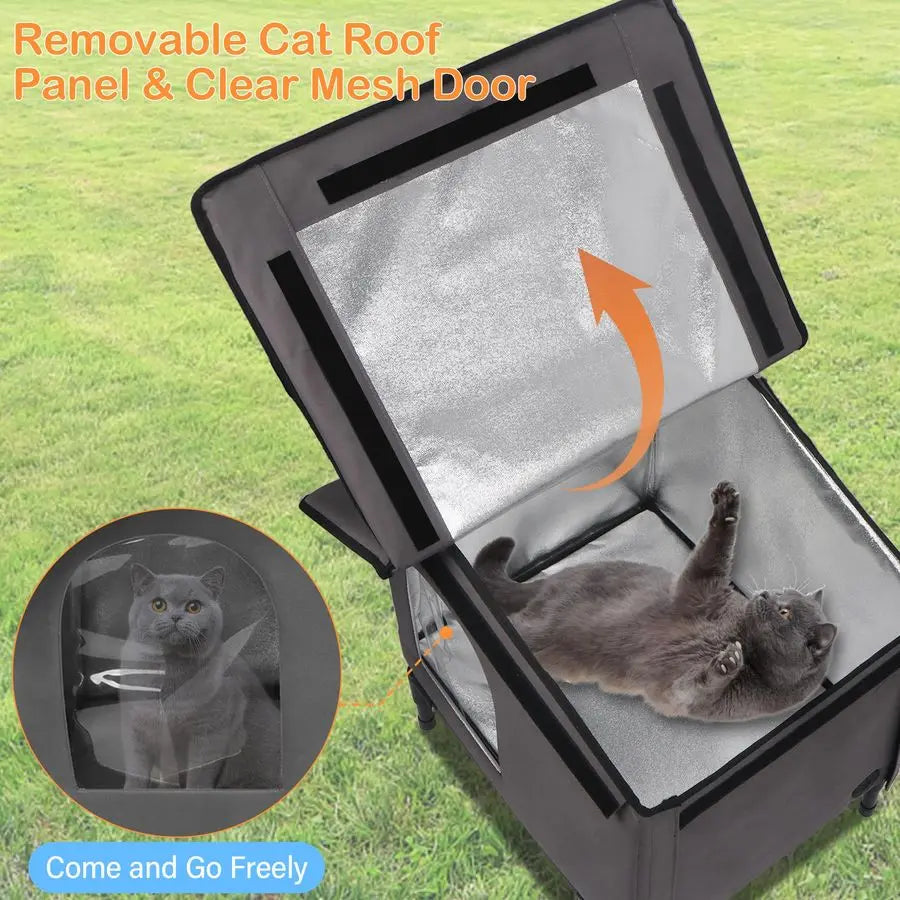 Heated Cat House Outdoor Cat House with Heating Pad Bed,Insulated Cat House Elevated Outdoor Feral Cats Shelter with Soft Mat fo