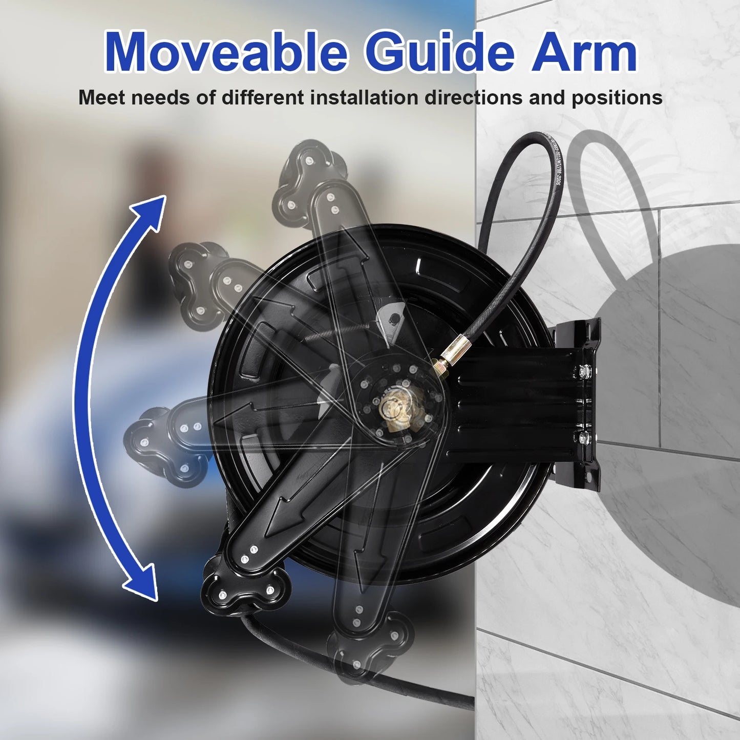 Heavy Duty 4000 PSI Pressure Washer Hose Reel, 0.59in X 50 FT Auto Rewind Retractable Power Washer Hose Reel, Double Arm Steel Construction Wall Ceiling Floor Mount for Cleaning Yard Garden Patio Car