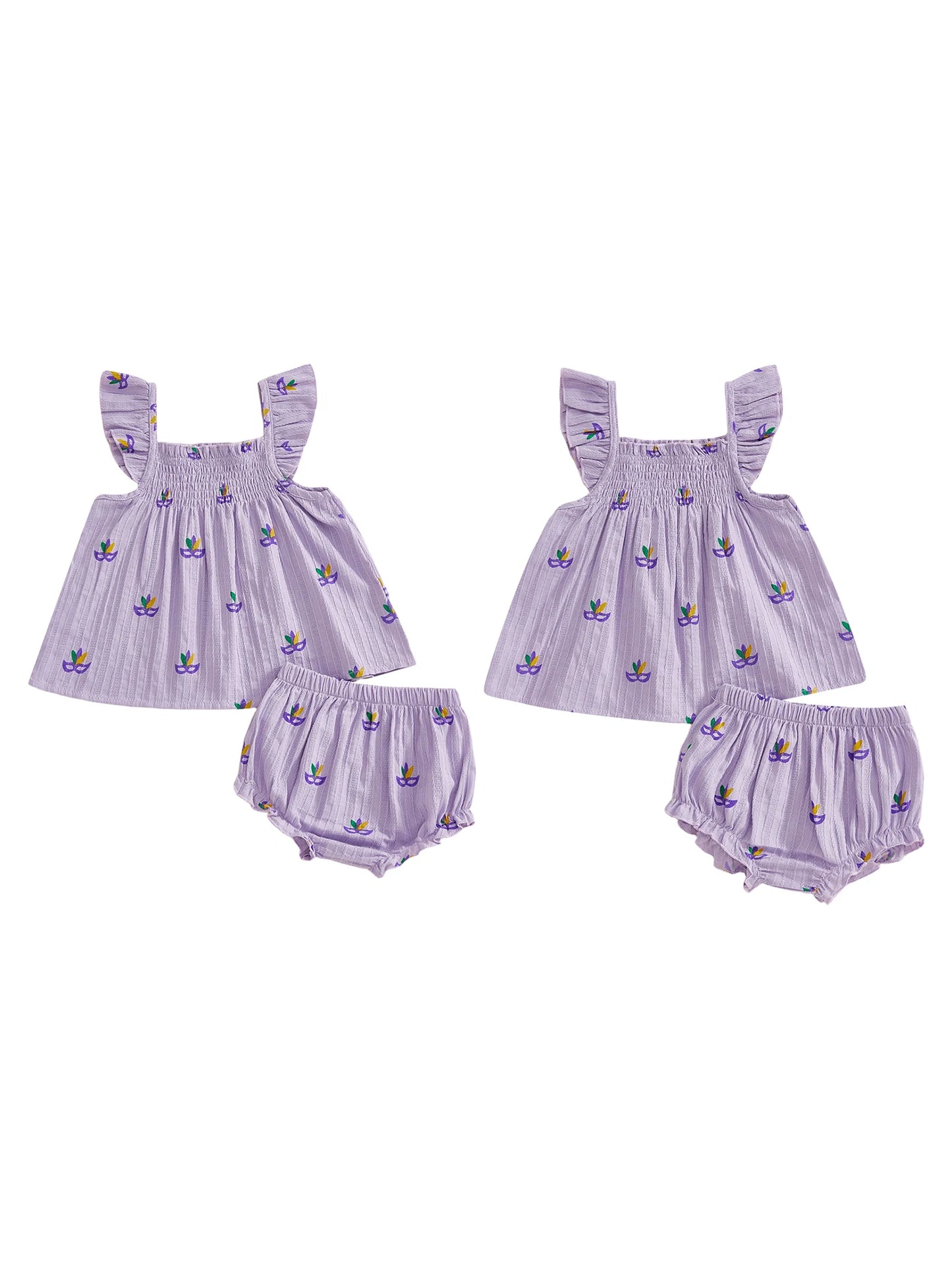 Adorable Baby Girls Outfit Stylish Mardi Gras Facewear Design Top with Matching Ruffle Shorts - 2 Piece Set for Fashionable
