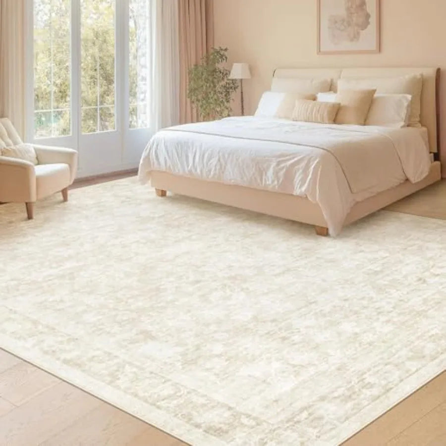 Living room 8x10 area rug: washable vintage floral low pile non-slip boho carpet in beige, suitable for bedroom dining home off