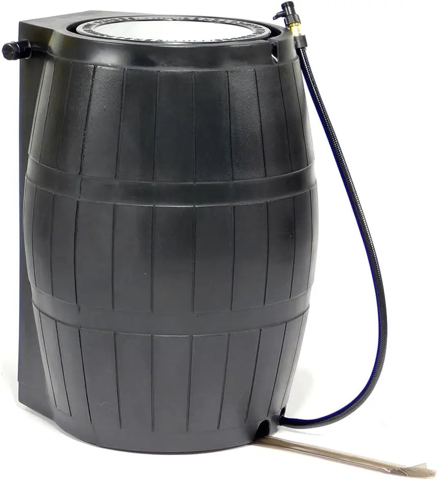 FCMP Outdoor Raincatcher 4000, Flat-Back RainRainwaterContainer w Side SpigotsMesh Screen Garden and Overflow Hose & Linking Kit
